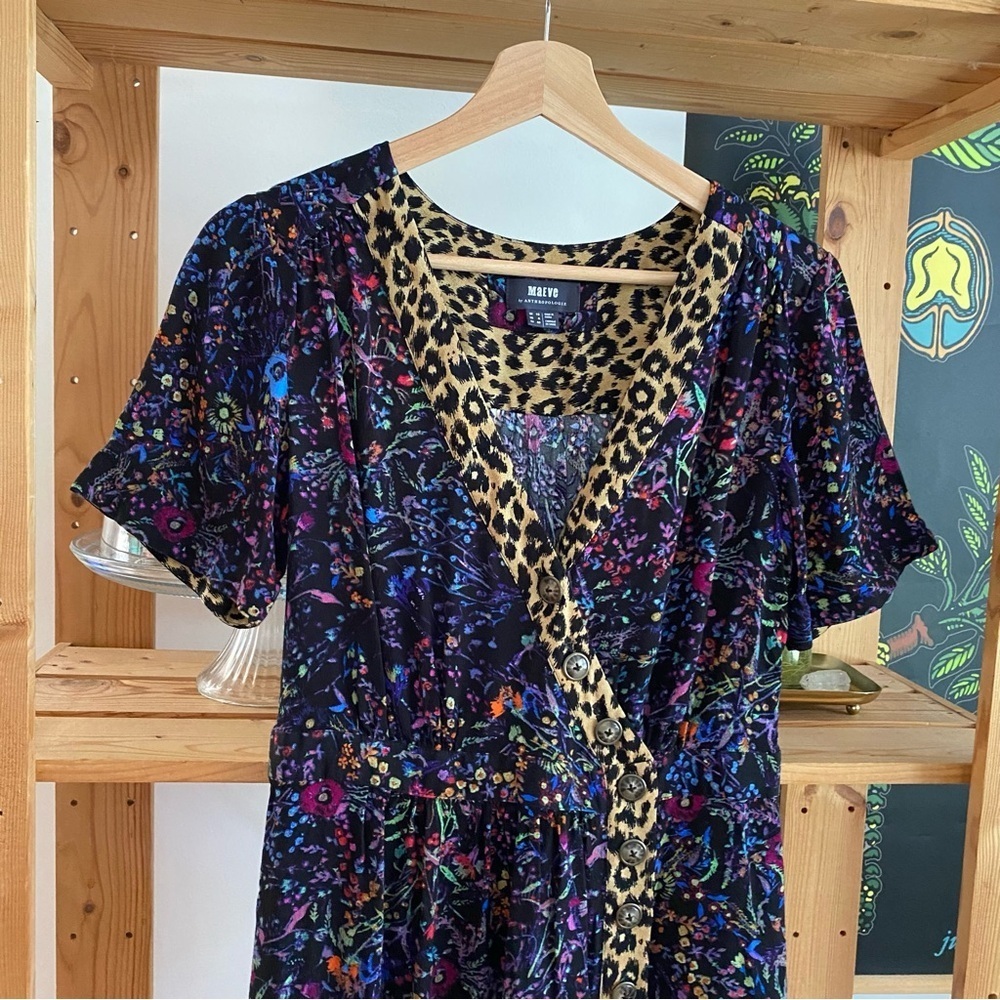 Anthropologie Maeve Black Floral Leopard Print Morgan Wrap Dress 6 - Picture 7 of 16